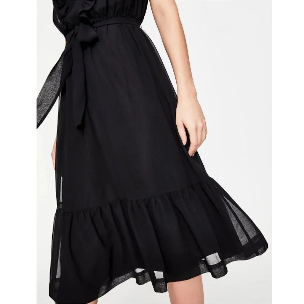 BODEN Elise Midi Dress in Black Draped Georgette Ruffle Notch Neck Size 12 - Picture 2 of 9